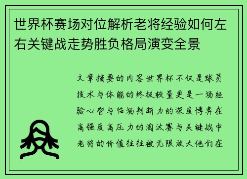 世界杯赛场对位解析老将经验如何左右关键战走势胜负格局演变全景 世界杯赛场对位解析老将经验如何左右关键战走势胜负格局演变全景