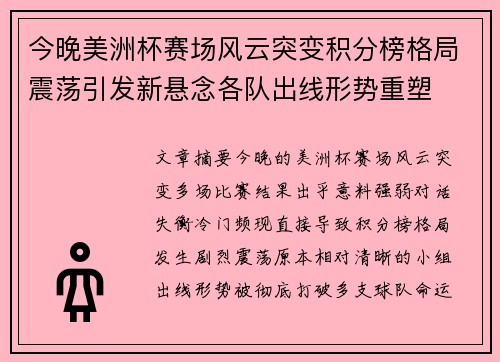 今晚美洲杯赛场风云突变积分榜格局震荡引发新悬念各队出线形势重塑
