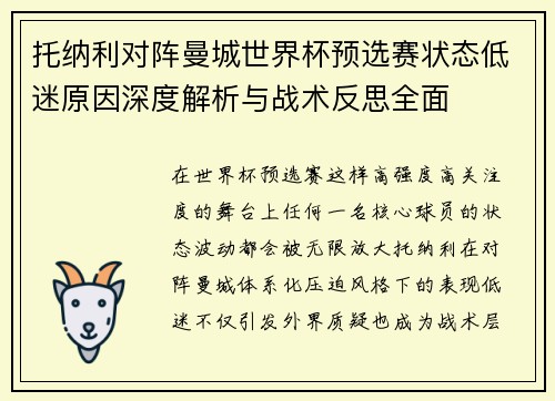 托纳利对阵曼城世界杯预选赛状态低迷原因深度解析与战术反思全面