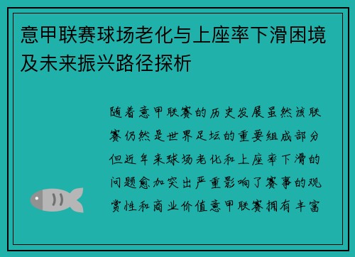 意甲联赛球场老化与上座率下滑困境及未来振兴路径探析